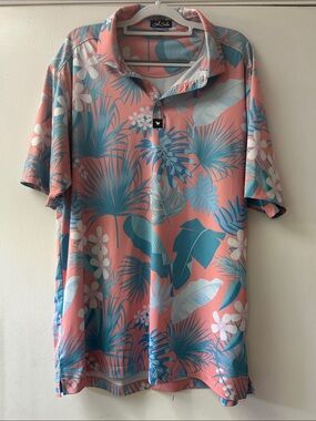 Bad Birdie Coral & Teal Tropical Print Polo